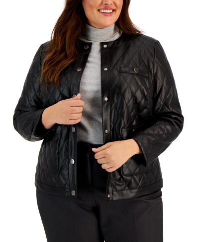 Shop Anne Klein Plus Size Faux-leather Quilted Snap Jacket In Anne Black