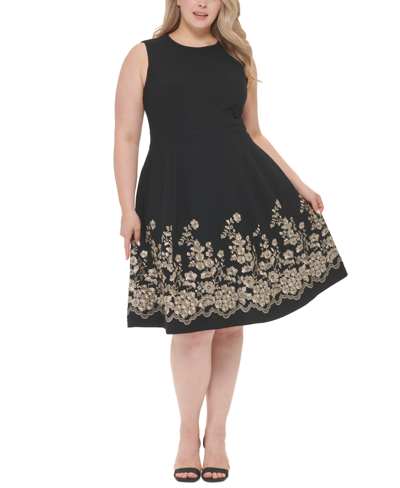 Calvin Klein Petite Embroidered-skirt A-line Dress In Black/gold | ModeSens