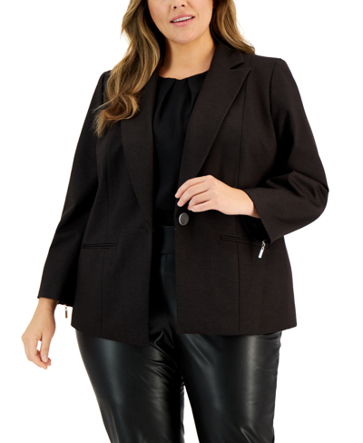 Shop Kasper Plus Size Notched-collar One-button Jacket In Chocolate Combo