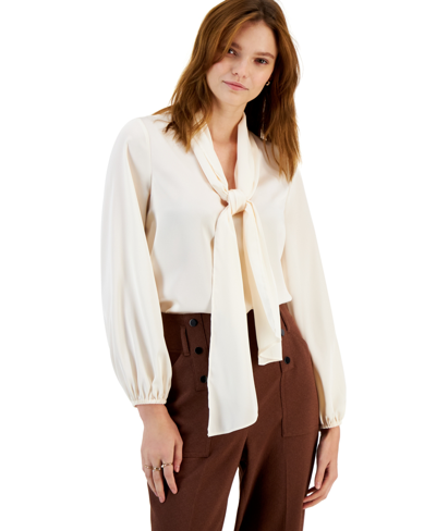 Shop Bar Iii Women's Bow-tie Long-sleeve Blouse, Created For Macy's In Bar White