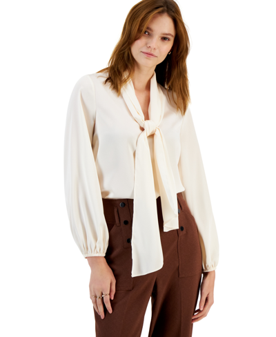 Bar Iii Women's Tie Neck Cinched Sleeve Blouse, Created For Macy's In Bar White