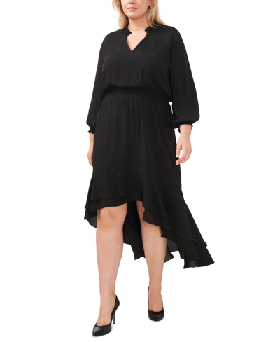Shop Vince Camuto Plus Size Smocked-trim High-low Dress In Rich Black