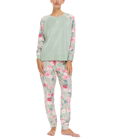 Shop Flora By Flora Nikrooz Women's Axel Printed Velour Pajama Set In Sage