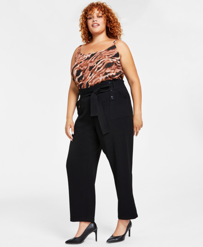 Shop Bar Iii Plus Size Textured Tie-waist Pants, Created For Macy's In Black