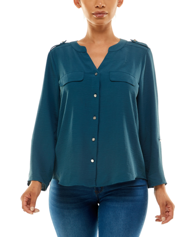 Shop Adrienne Vittadini Women's 3/4 Sleeve Button Up Blouse Top In Majolica Blue