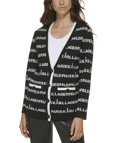 Karl Lagerfeld Women's All-over Label Cardigan In Black | ModeSens