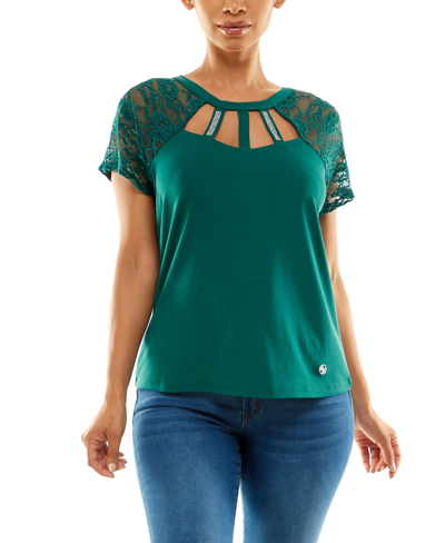 Shop Adrienne Vittadini Women's Short Lace Raglan Sleeve Top In Storm