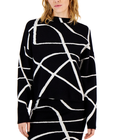 Shop T Tahari Women's Linear-print Funnel-neck Sweater In Black White