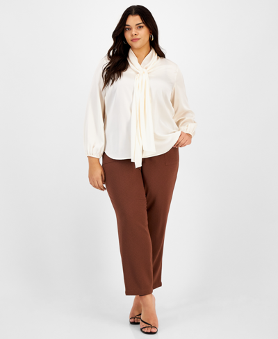 Shop Bar Iii Plus Size Bow-tie Long-sleeve Blouse, Created For Macy's In Bar White