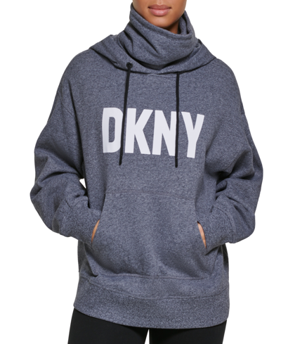 Shop Dkny Sport Women's Funnel-neck Logo-print Hoodie In Black Heather