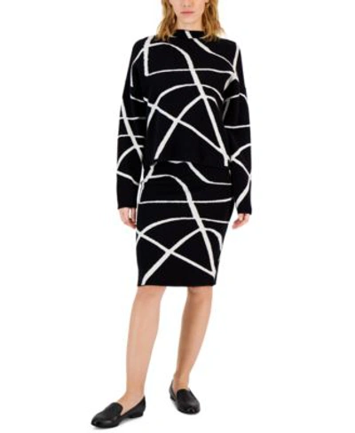 Shop T Tahari Womens Linear Printed Funnel Neck Sweater Sweater Skirt In Black White
