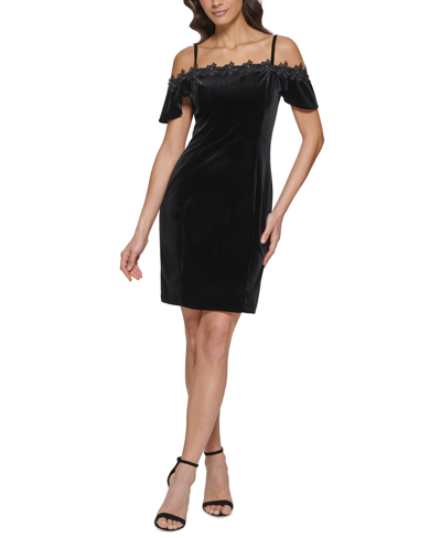 Shop Kensie Women's Velvet Cold-shoulder Applique-trim Dress In Black