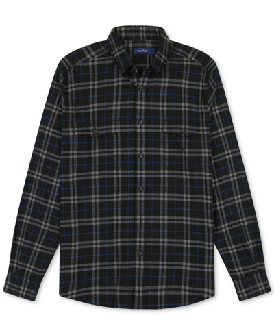 Shop Nautica Men's Sustainably Crafted Double Pocket Plaid Flannel Shirts In True Black