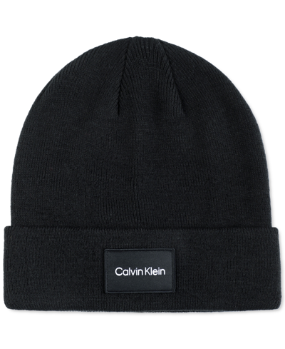 Calvin Klein Men's Woven Logo Patch Beanie In Black
