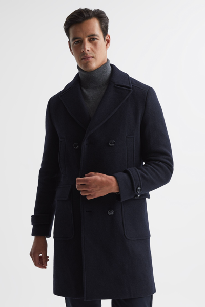 Shop Reiss Fall - Navy Double Breasted Wool Blend Military Overcoat, S