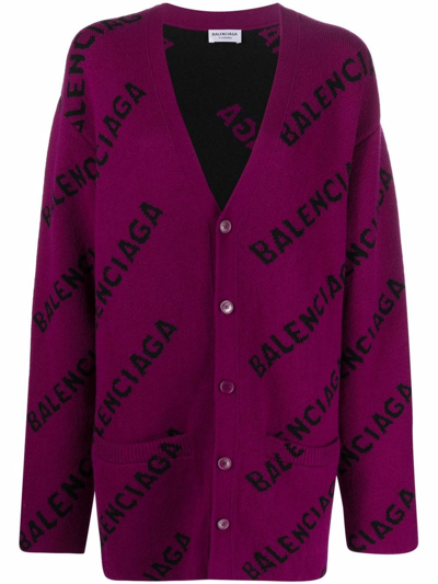 Shop Balenciaga Intarsia-knit Logo Cardigan In Purple