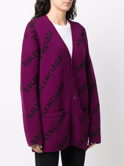 Shop Balenciaga Intarsia-knit Logo Cardigan In Purple
