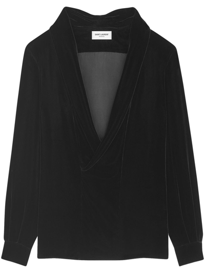 Shop Saint Laurent Plunging V-neck Velvet Blouse In Black