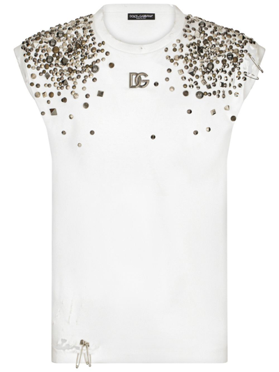 Shop Dolce & Gabbana Stud-embellished Sleeveless T-shirt In White