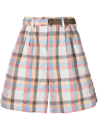 Shop Sacai Check-patter Belted-waist Shorts In Blue
