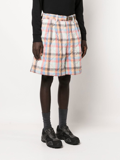 Shop Sacai Check-patter Belted-waist Shorts In Blue