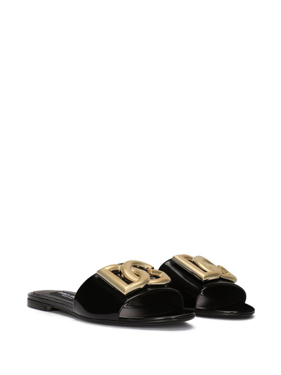 Dolce & Gabbana Logo-plaque Leather Slides In Black