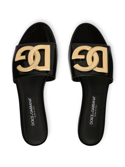 Dolce & Gabbana Logo-plaque Leather Slides In Black