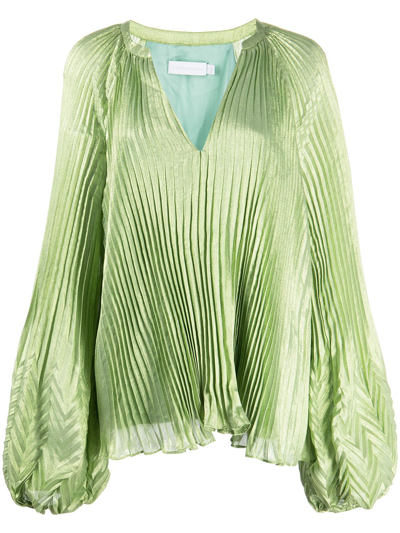 Shop Jonathan Simkhai Silk-blend V-neck Pleated Top In Celery