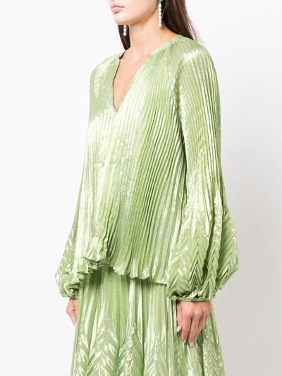 Shop Jonathan Simkhai Silk-blend V-neck Pleated Top In Celery