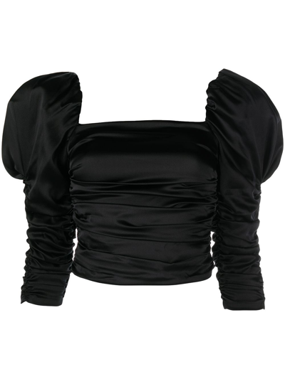 Shop Alice And Olivia Katrice Ruched Puff-sleeve Top In Black