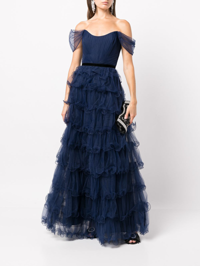 Marchesa Notte Off-shoulder Pleated Ruffle Tulle Gown In Navy | ModeSens