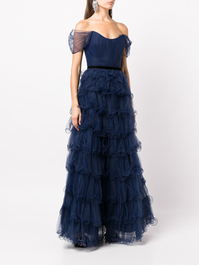 Marchesa Notte Off-shoulder Pleated Ruffle Tulle Gown In Navy | ModeSens