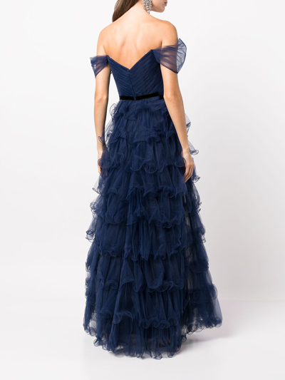 Shop Marchesa Notte Off-shoulder Ruffled Tiered Gown In Navy