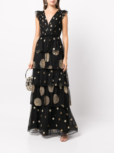 Shop Marchesa Notte Polka-dot Tiered Gown In Black
