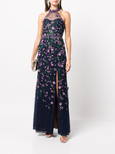 Shop Marchesa Notte Floral-embroidered Gown In Navy