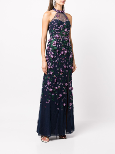 Shop Marchesa Notte Floral-embroidered Gown In Navy