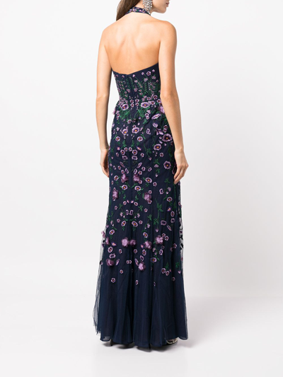 Shop Marchesa Notte Floral-embroidered Gown In Navy