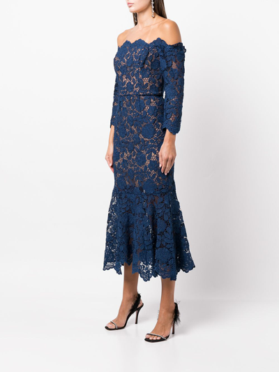 Shop Marchesa Notte Off-shoulder Lace-panel Dress In Blue