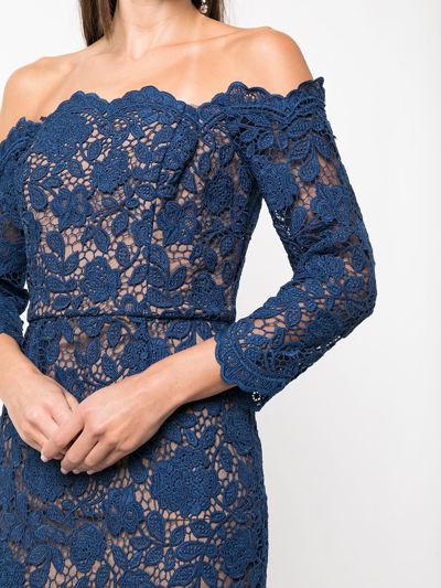 Shop Marchesa Notte Off-shoulder Lace-panel Dress In Blue