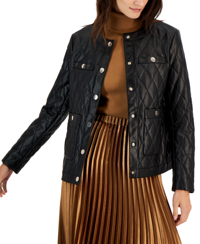 Shop Anne Klein Women's Collarless Quilted Faux-leather Jacket In Anne Black