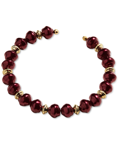 Shop Alex And Ani Silver-tone Gray Imitation Pearl Beaded Cuff Bracelet In Shiny Gold/burgundy