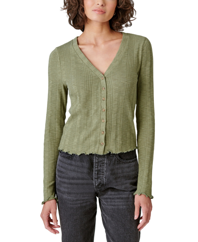 Shop Lucky Brand Women's V-neck Ribbed-knit Cardigan Top In Deep Lichen Green