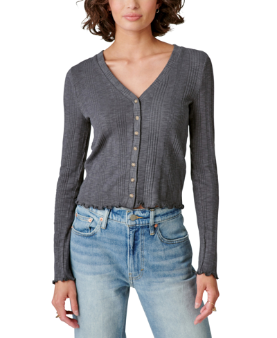 Shop Lucky Brand Women's V-neck Ribbed-knit Cardigan Top In Asphalt