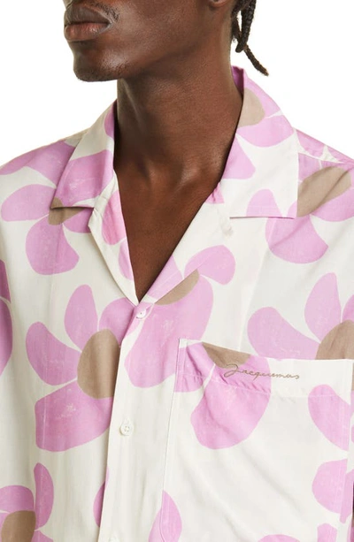 Shop Jacquemus La Chemise Jean Painted Flower Bowling Shirt In Print Pink Flowers