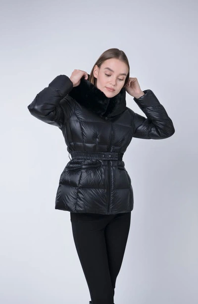 The Recycled Planet Company Lux Faux Fur Lined Water Resistant Down Recycled Nylon Puffer Jacket In Black