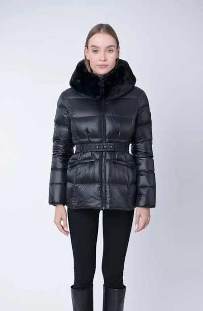 The Recycled Planet Company Lux Faux Fur Lined Water Resistant Down Recycled Nylon Puffer Jacket In Black