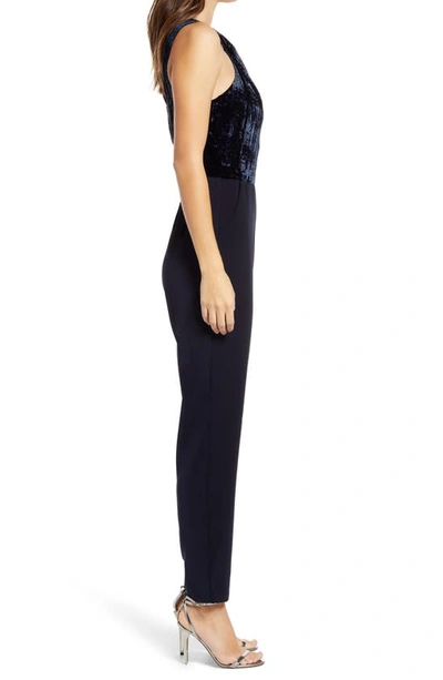 Shop Adelyn Rae Priscilla Velvet Mixed Media Jumpsuit In Navy