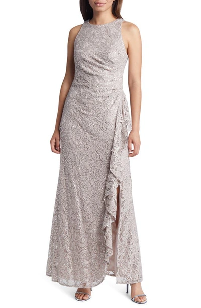 Alex Evenings Sequin Lace Cascading Ruffle Gown In Buff