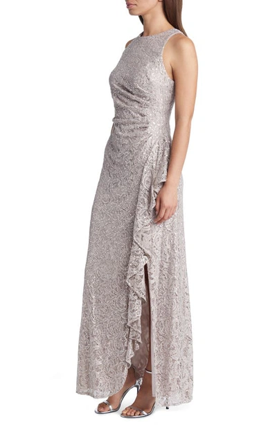 Alex Evenings Sequin Lace Cascading Ruffle Gown In Buff