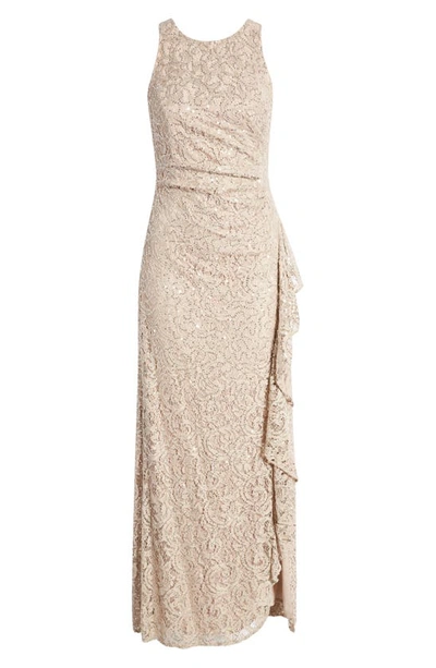 Alex Evenings Sequin Lace Cascading Ruffle Gown In Buff